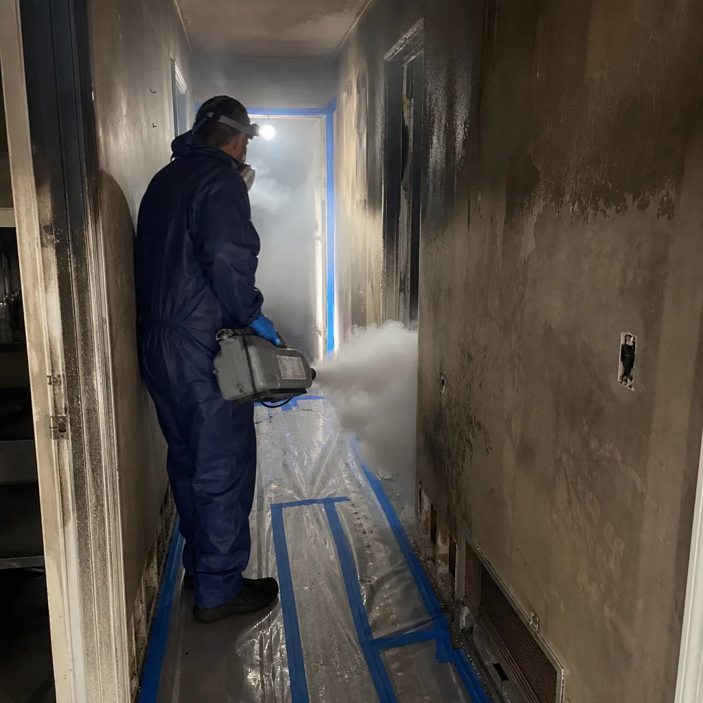 Technician performing professional smoke odor removal and fire damage restoration services