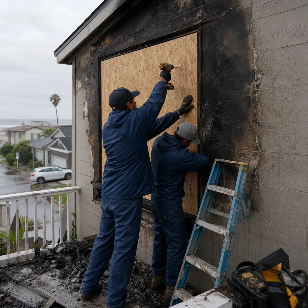 Technicians performing fire and smoke damage restoration on a residential building