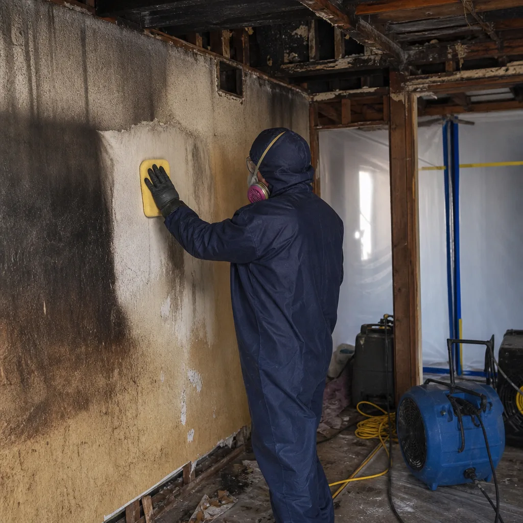 Professional cleaning soot from fire damaged wall with a specialized sponge