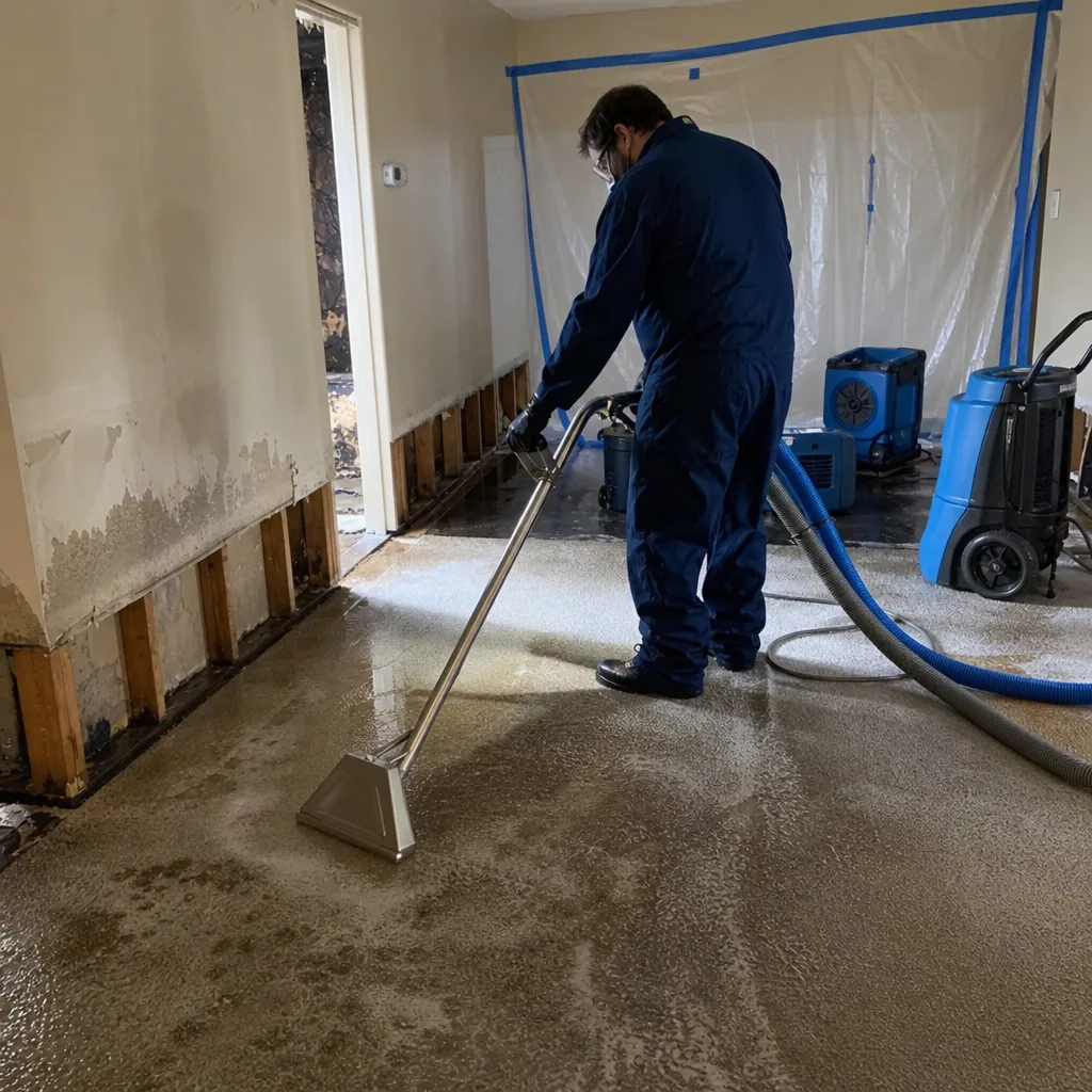Technician performing professional water damage restoration on a flooded concrete floor