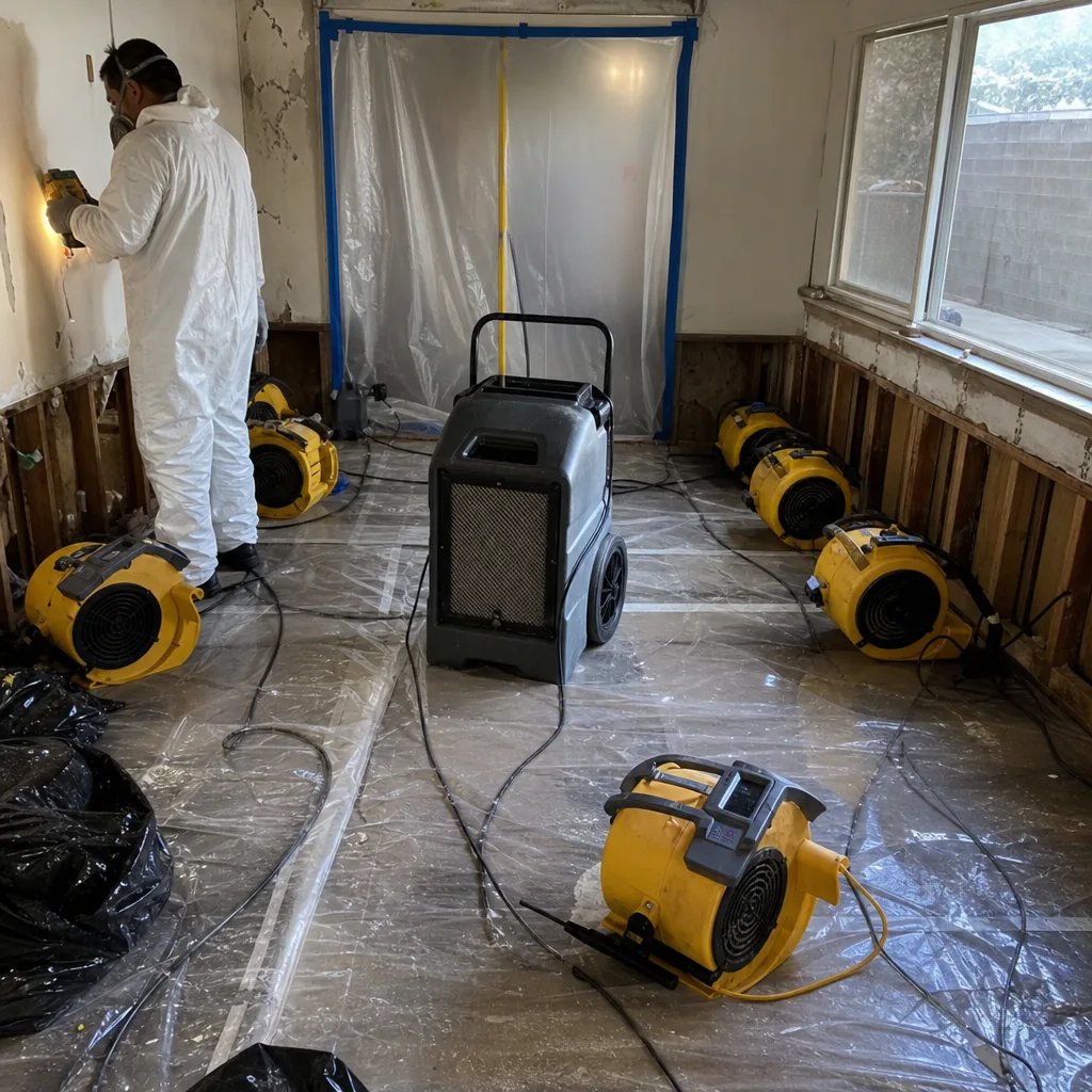 Professional performing water damage restoration with industrial drying equipment